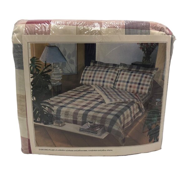 VTG St. Mary’s Shirting Plaid 4-Piece King Sheet Set Red Blue Cabin Cottagecore - Picture 4 of 8